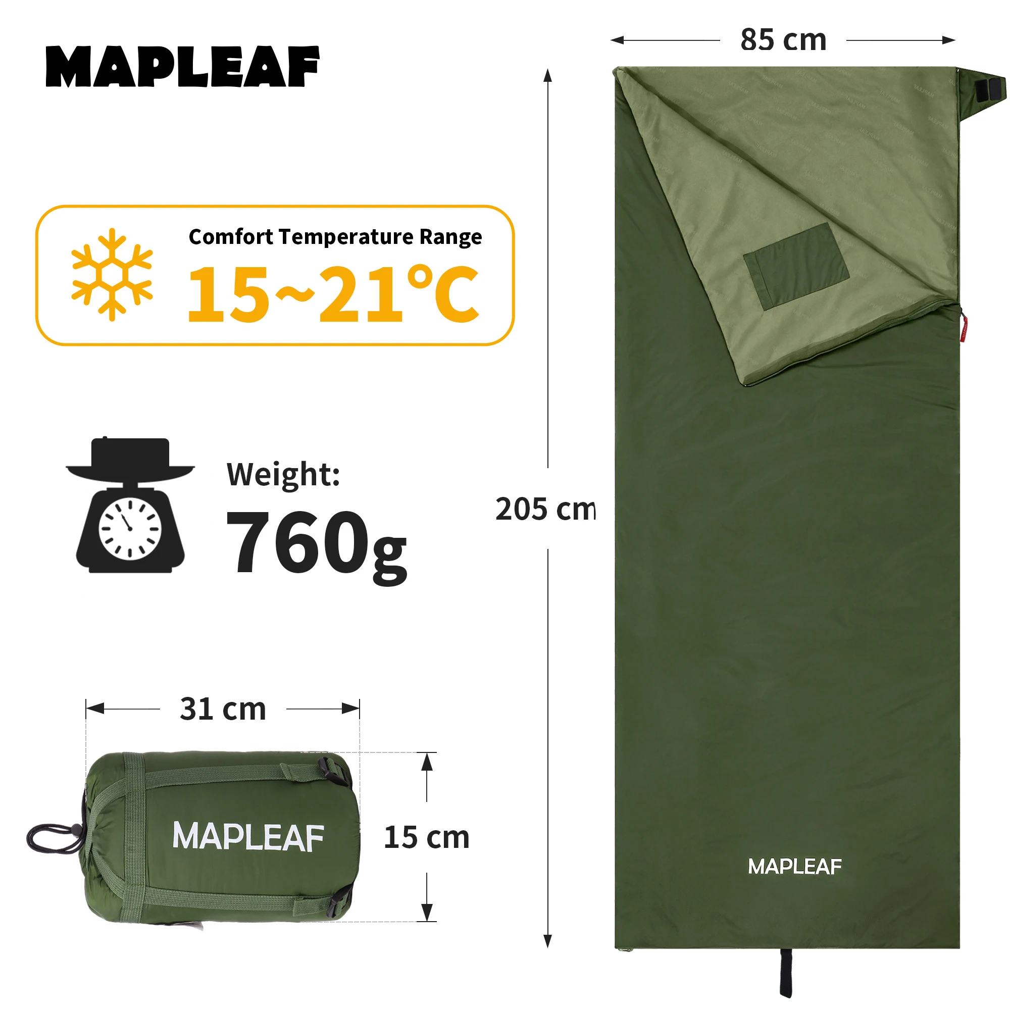 MAPLEAF slaapzak, ultralicht, draagbaar, waterdicht, geschikt voor buiten, zomer, envelopvorm, katoen, campingslaapzak.