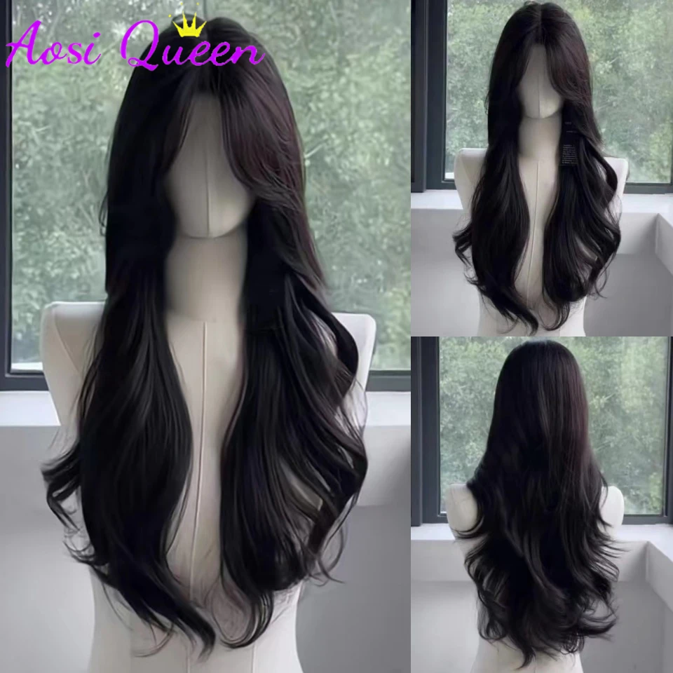 

Brown Black Korean Style S-parted Long Curly Hair for Women Wig Cosplay Temperament for Daily Use Lolita Black Synthetic Wigs