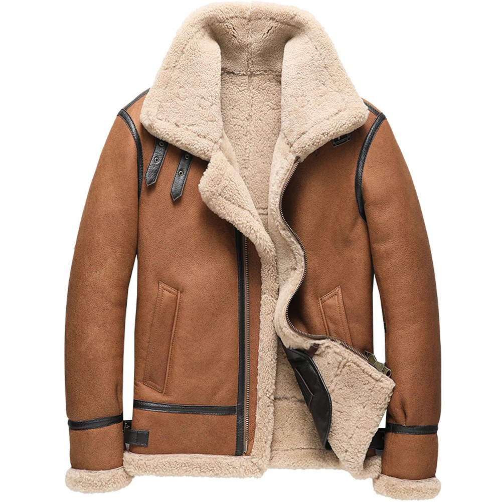 

Denny&Dora Mens B3 Sheepskin Shearling Jacket - Brown Leather Short Wool Coat, Aviation Jacket For Men