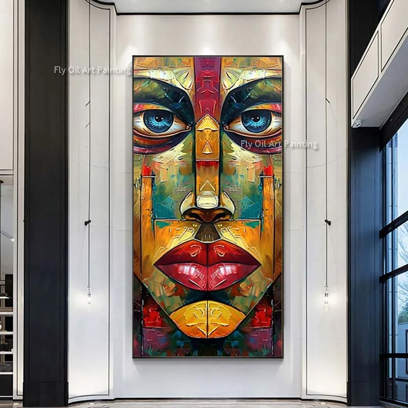 Original Colorful Textured Face Oil Painting Abstract Girl Boho Canvas Wall Art Handmade Impression