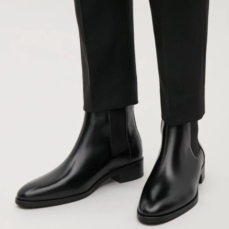 Nieuwe Echt Leer Heren Chelsea Laarzen Winter Handgemaakte Koeienhuid Zwart Business Casual Klassieke Mid-hak Heren Laarzen Botas Motociclista - afbeelding 2
