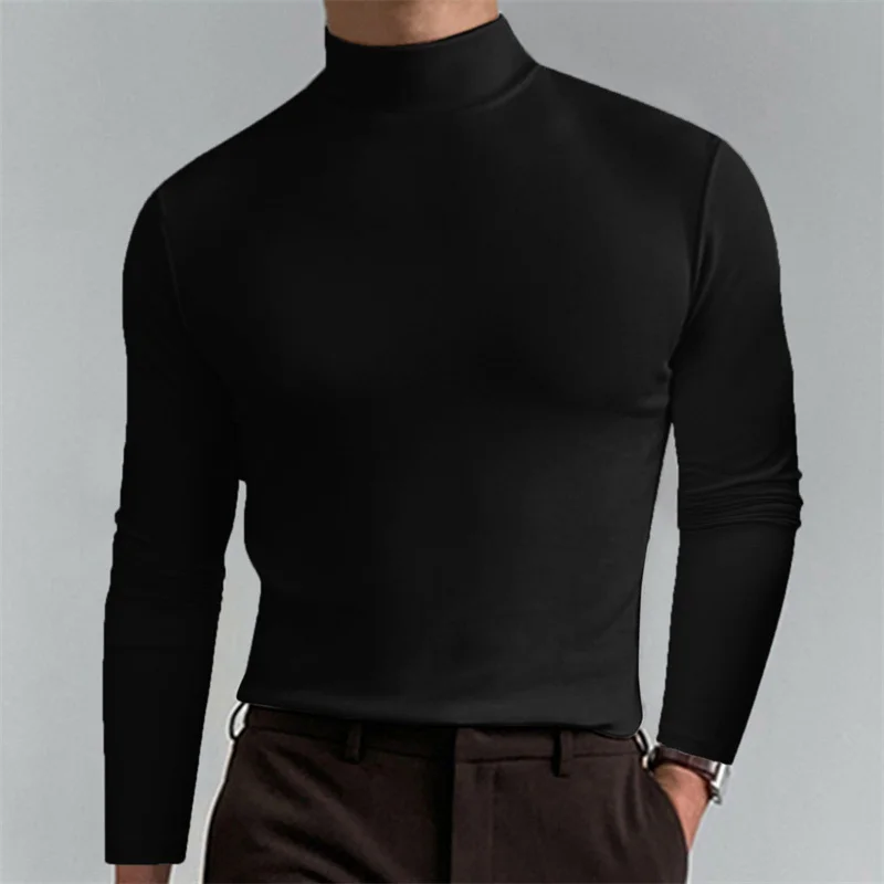 Men Casual Base T-shirts Long Sleeve High Neck Slim Elastic Thin Shirts Spring Autumn Fashion Simple Solid Color Daily Tops