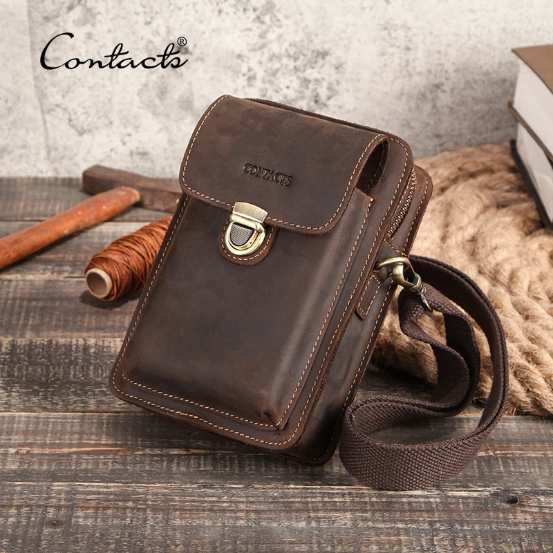 CONTACT\'S Genuine Leather Men Waist bag for Cell Phone Vintage Travel male fanny pack metal Buckle Shoulder Bag with card holder