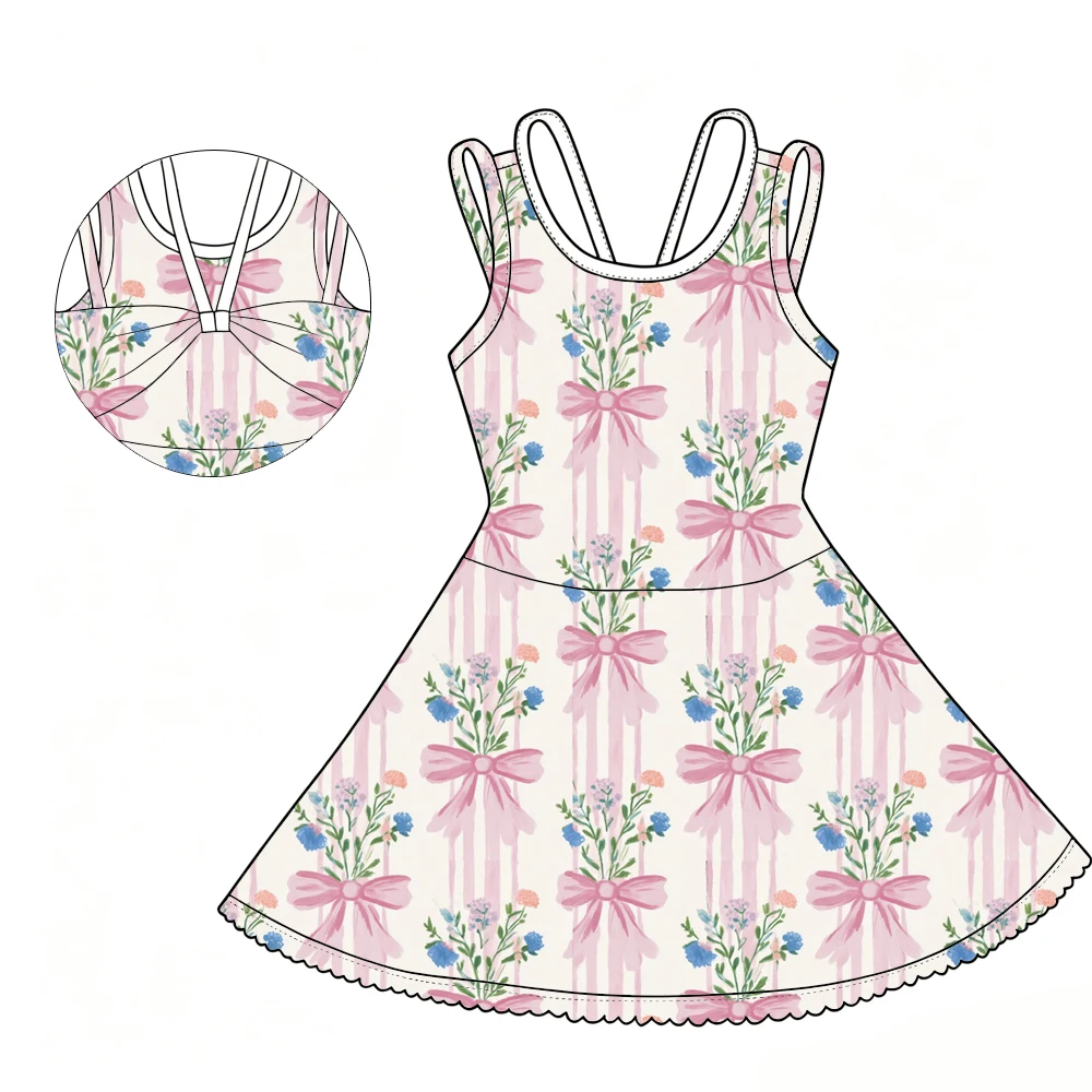 

Boutique children's dresses Back of the suspender dress with bow decoration Flower animal bow prints custom wholesale