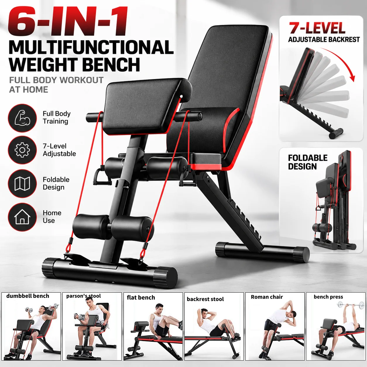 Panca multifunzionale per esercizi di fitness, 6 in 1, regolabile, ideale per l’allenamento in casa, pieghevole, per esercizi di addominali e con manubri, con schienale regolabile su 7 livelli.