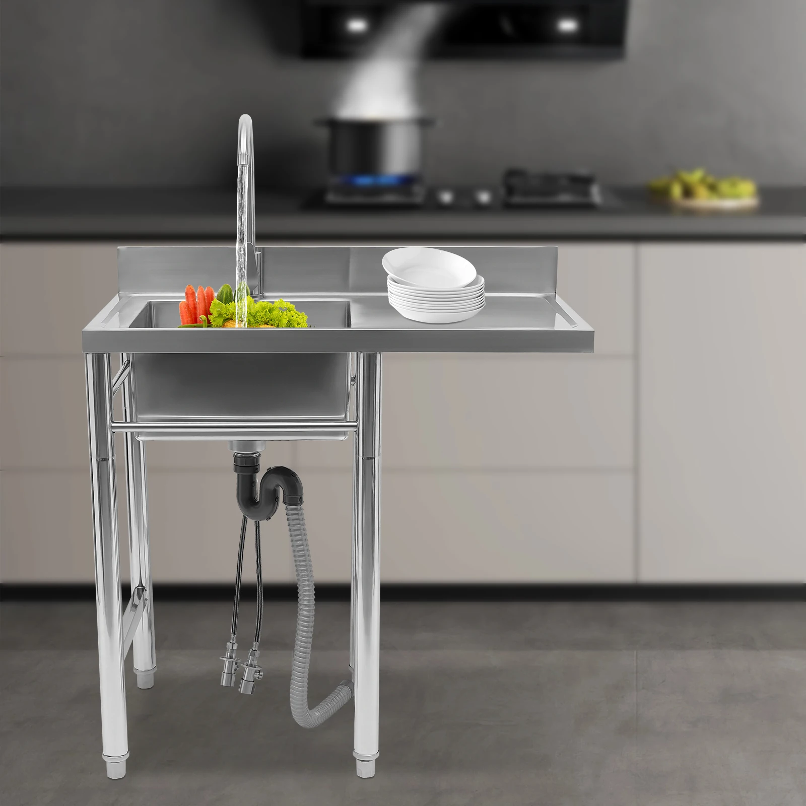 

Stainless Steel Utility Sink with Drainboard, One Compartment Workbench Sink Commercial Sink for Restaurant, Laundry Room,