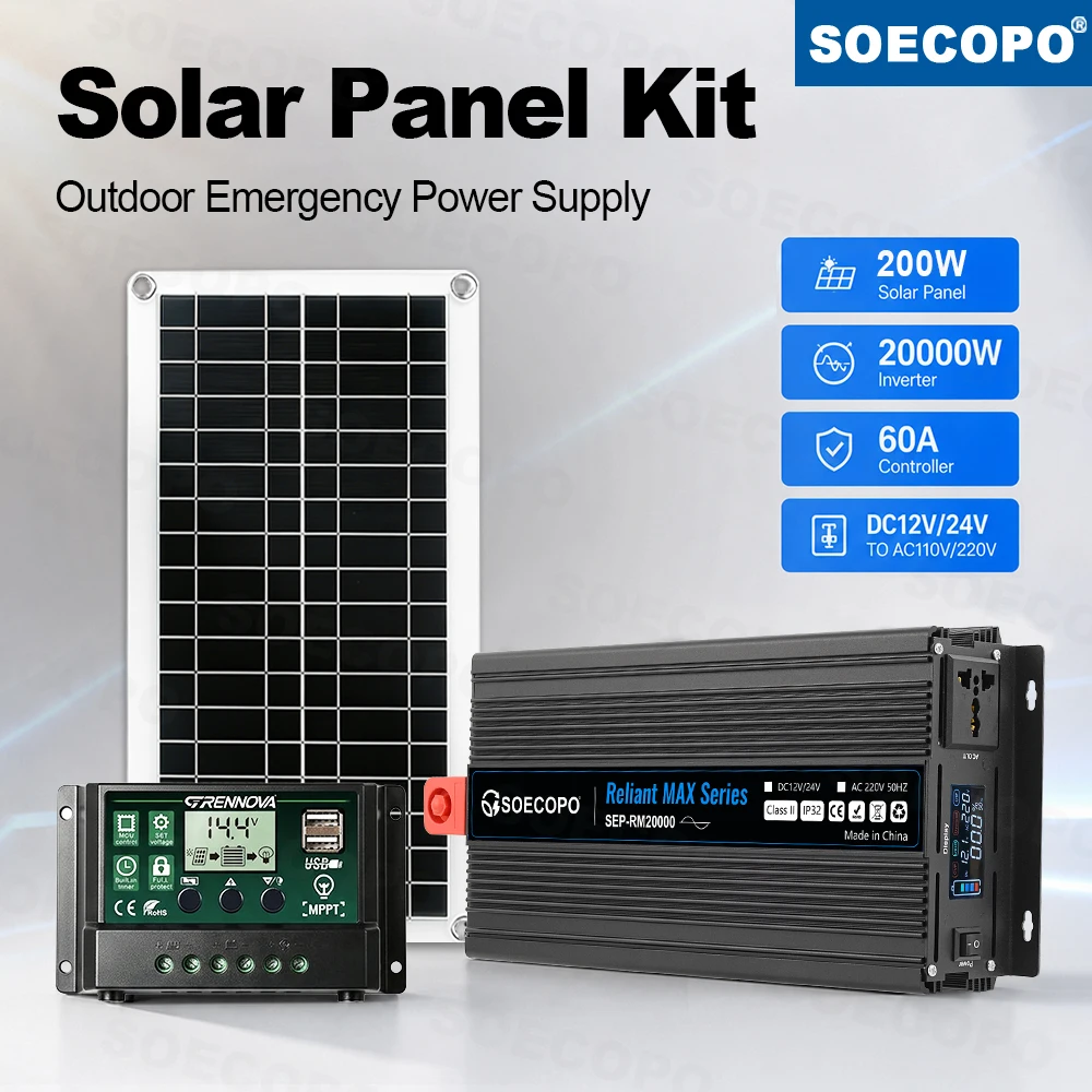 SOECOPO 20000W Solar System 2000W Rated Power Inverter with 200W Panel MPPT Controller DC 12V 24V To AC 110V 220V Inverter Home