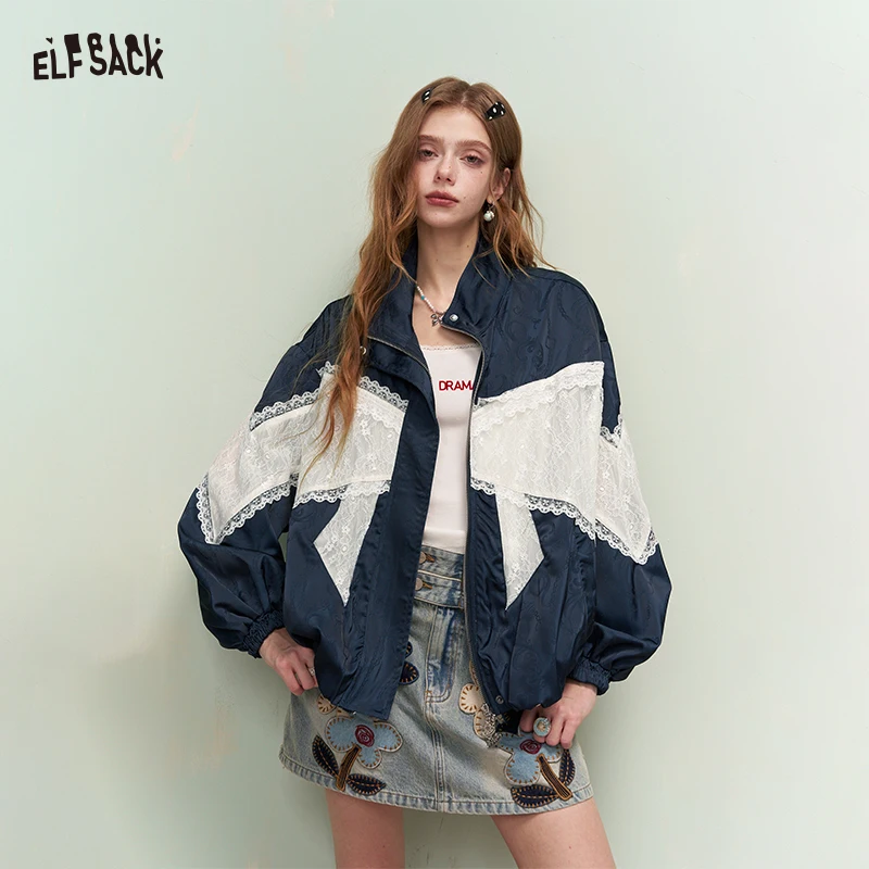 

ELFSACK Lace Bow Denim Jacket with Jacquard Fabric & Puff Sleeves, Loose Fit Cropped Coat, Cute Casual Streetwear Outerwear