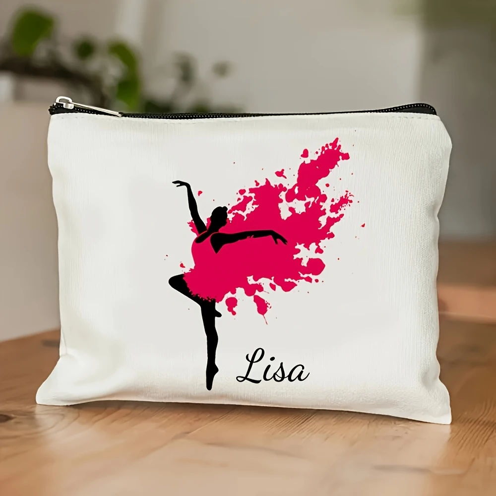 Personalized Ballet Dancer Makeup Bag Custom Name Text Date Ballet Print Large Zipper Dance Pouch Unisex Travel Organizer