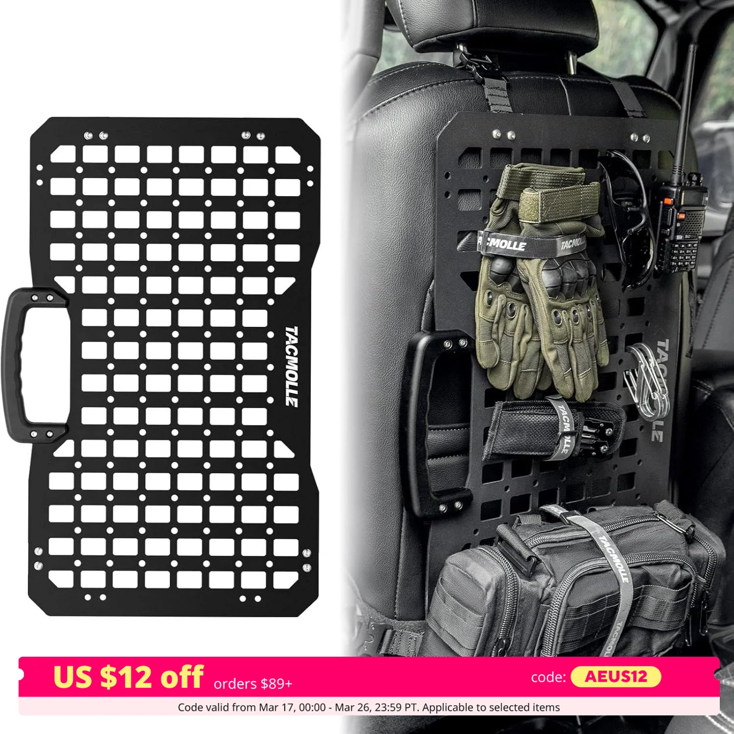 Portable Rigid MOLLE Panel with Handle, Tactical Car Back Seat Organizer, Heavy-Duty Modular Storage Solution for Vehicles, Univ