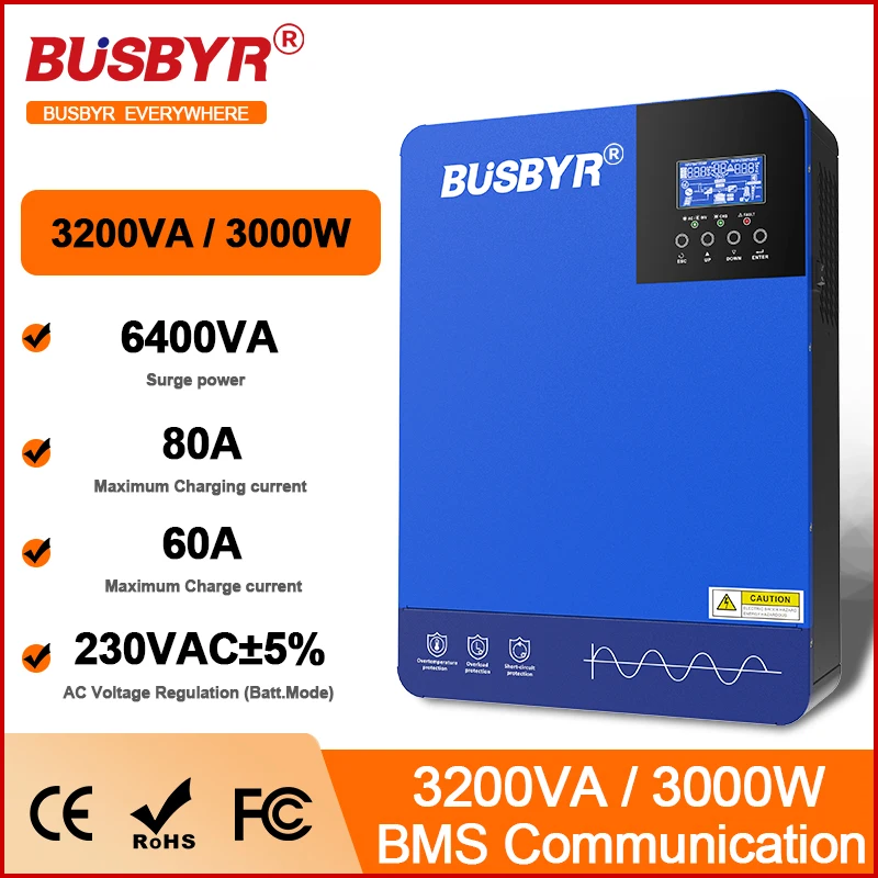 BUSBYR 7200W 3000W Hybrid Solar Inverter 48V 24V 220V Pure Sine Wave Inverter 3KW with MPPT 80A 110A Solar Charger Controller