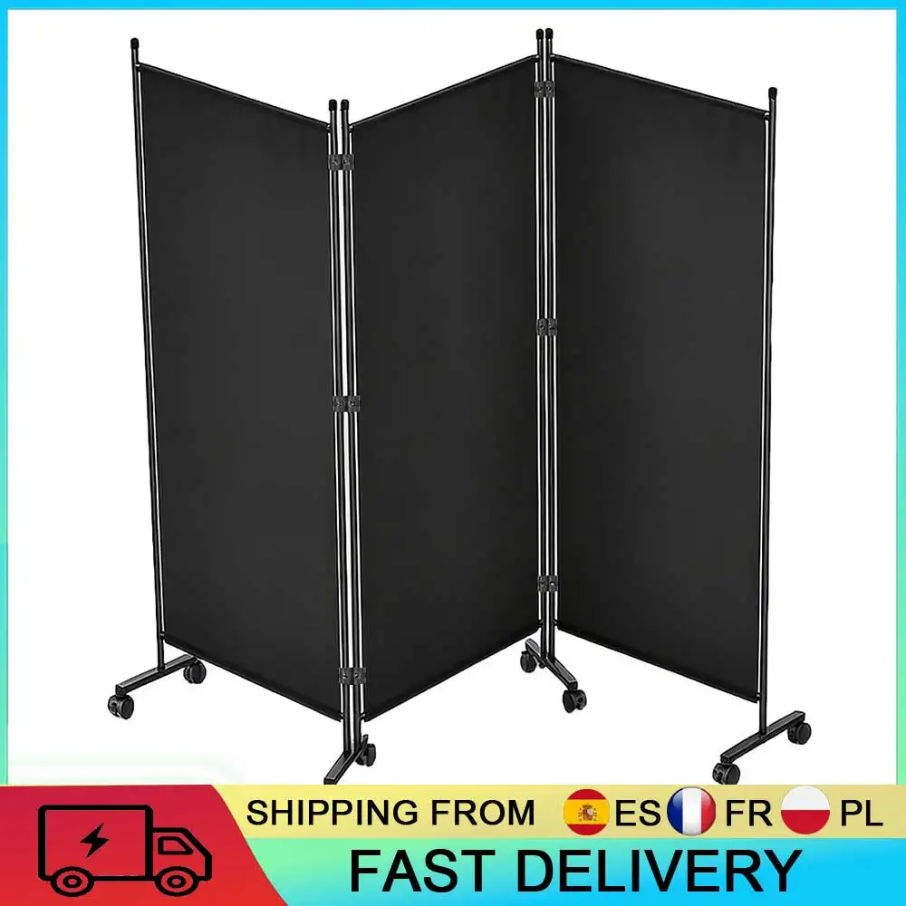 Paravent mobile 3 panneaux, 8 roulettes universelles avec freins, supports en tuyau de fer épaissi, séparateur de pièce pliable pour la division d'espace