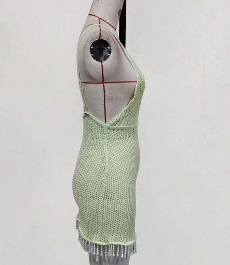 Sexy Strap Backless Deep V Bodycon Dresses Women Sleeveless Tassel Knit Swimwear Women Swimsuit Beach Crochet Bikini Cover Ups