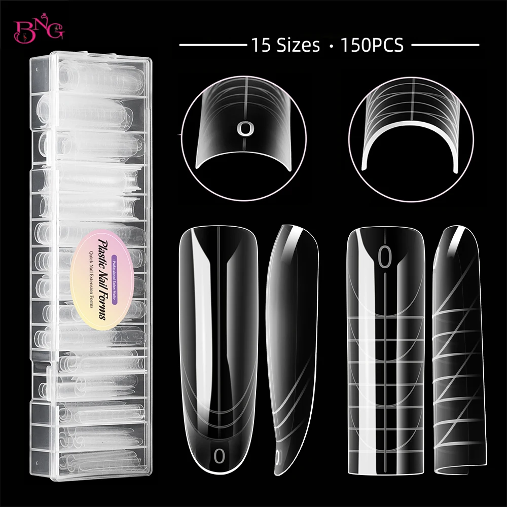 BNG 150Pcs Long Square/Oval Nail Dual Forms 15 Sizes Clear Reusable Extension Molds with Guide Lines for Builder Gel Manicure