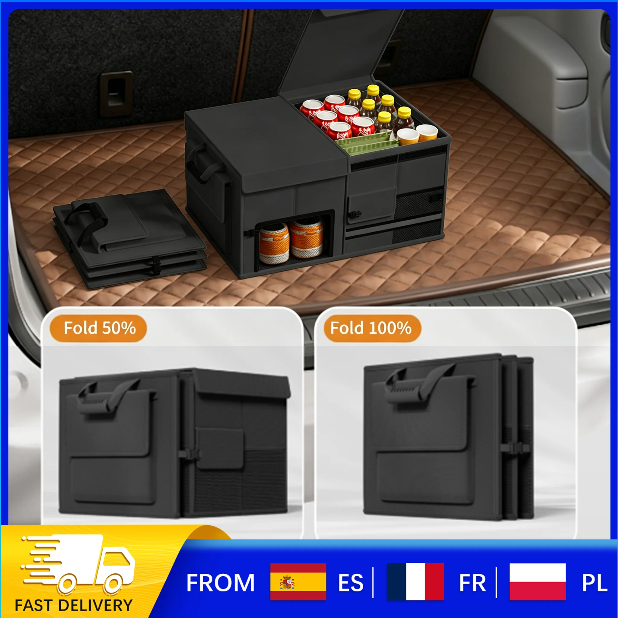 Organizador de Almacenamiento Plegable para Auto de 60L, Caja de Tela Oxford Impermeable con Tapa, Portaequipajes Plegable para SUV, Camioneta y Equipo de Camping