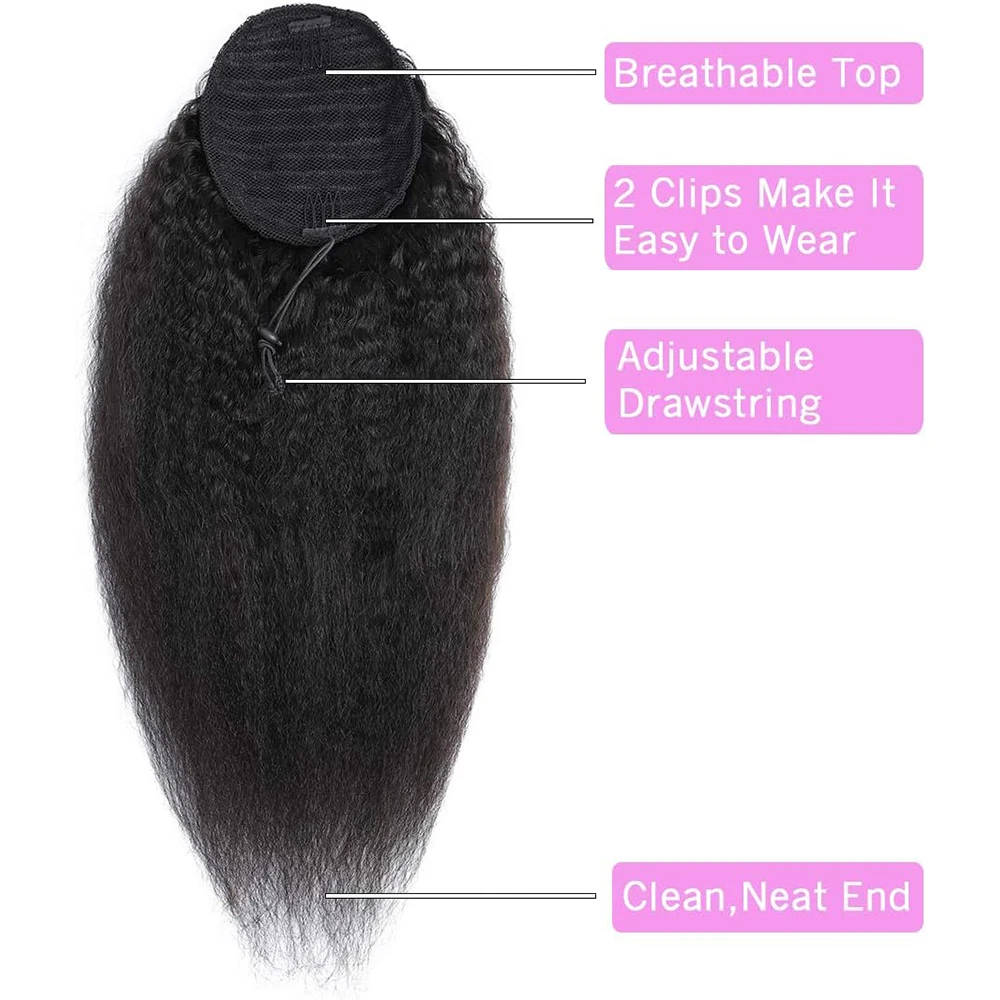 Kinky Straight Ponytail Human Hair Extension 100% Real Human Hair Wrap Around Drawstring In Ponytail Natural Black #1B For Women