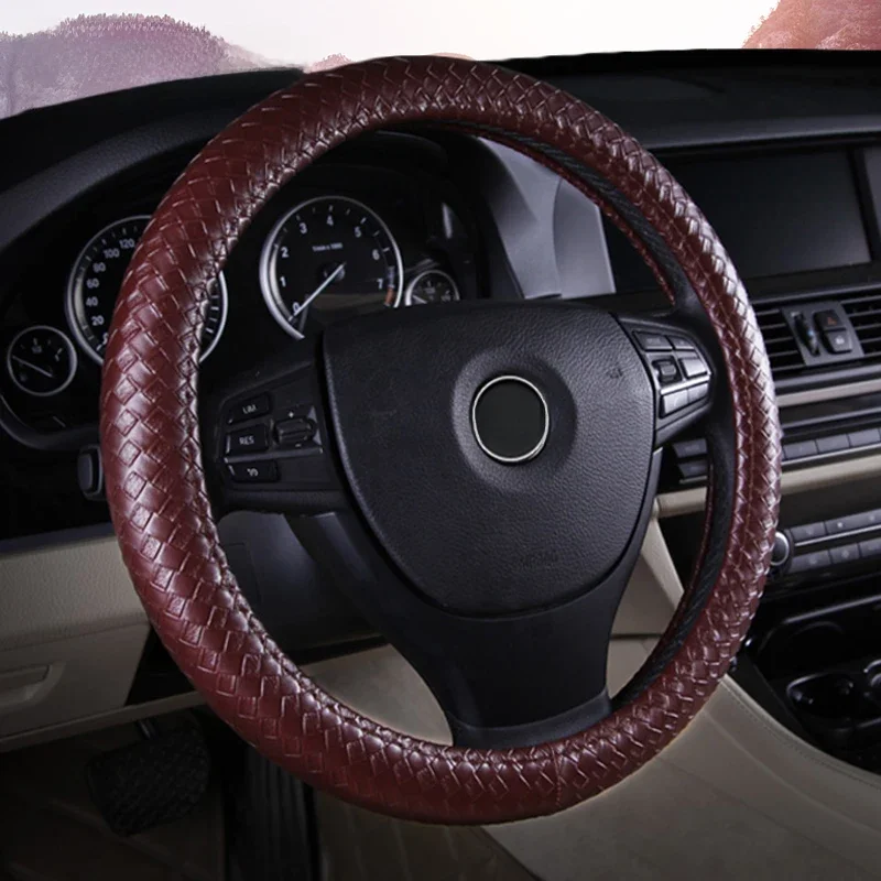 Karcle Braiding Style kierownica obudowa ochronna PU Leather aluminiowy wzór pokrowiec na kierownicę uniwersalny 15 Cal Car Styling — zdjęcie 2