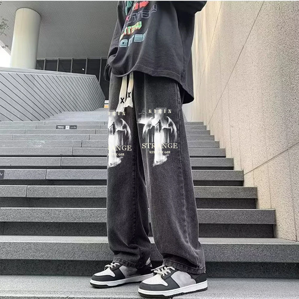 

Y2k Casual Jeans Mens 2024 Summer New Style American High Street Fashion Trend Printed Loose Straight Long Pants Mens Clothing