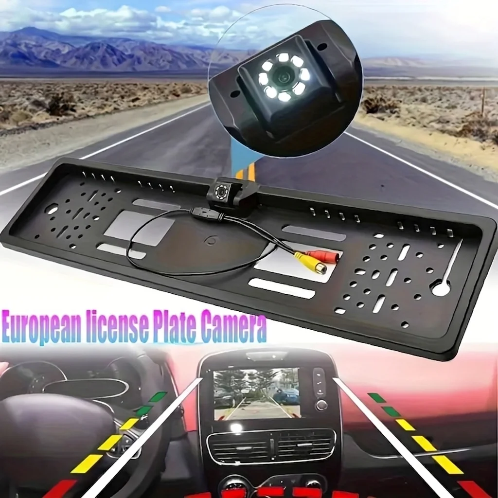 European License Plate Frame Camera 8LED Night Vision Rear View Car Backup Reverse Camera Fit for License Plate Without Battery
