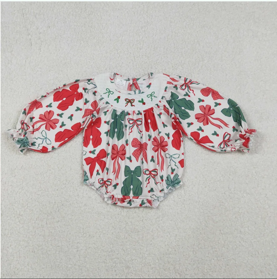 الفتيات الصغيرات LR2217 الأحمر الأخضر الانحناء هولي التطريز طفل الفتيات عيد الميلاد Smocked رومبير #1