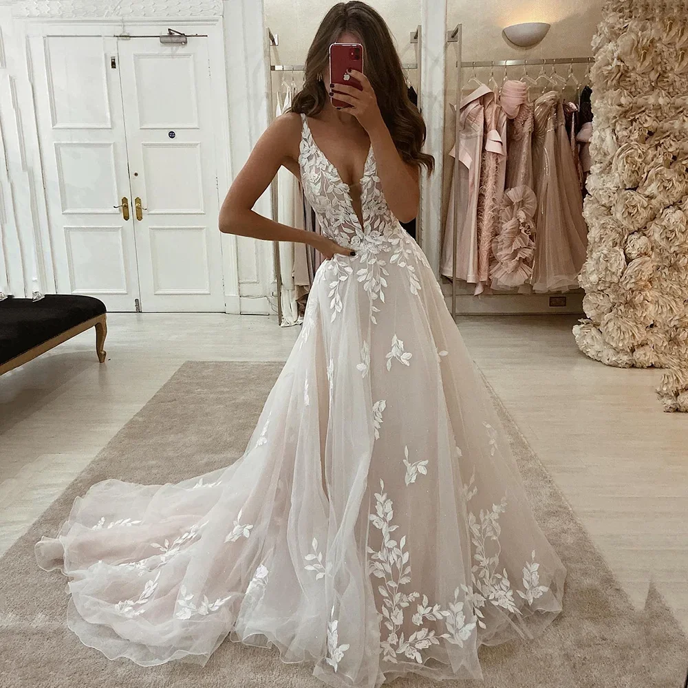 LORIE Boho kant elegante trouwjurken laaggesneden V-hals applique bruidsjurken prinses spaghettibandje bruidsjurk party aangepast - afbeelding 2