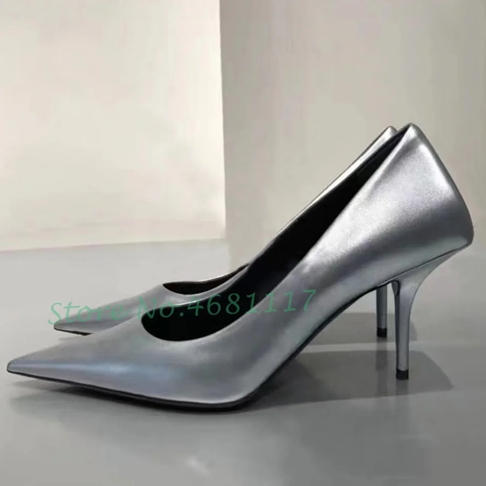 Pointy Metallic Trends Pumps Women Stiletto Heels Summer Patent Leather Strange Style Shoes Fashion Solid Lady Cool Dress Shoes