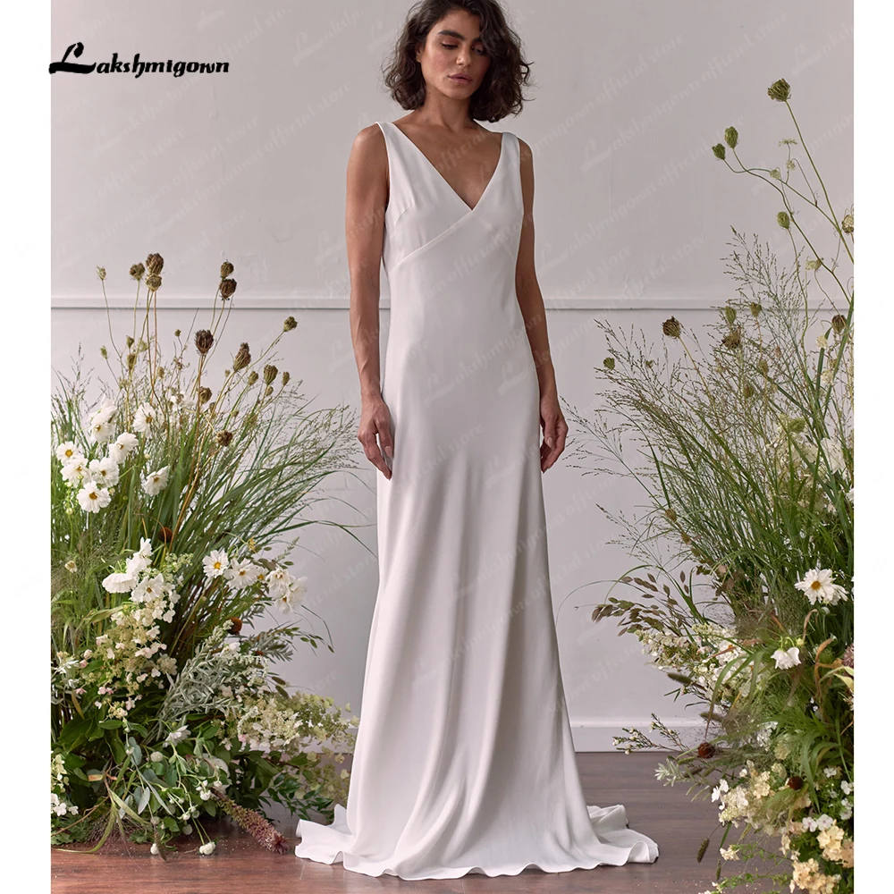 

Simple Satin Wedding Dress A Line 2023 Robe Femme Elegant Bridal Dress V Neck Beach Bohemian Boho Wedding Dresses