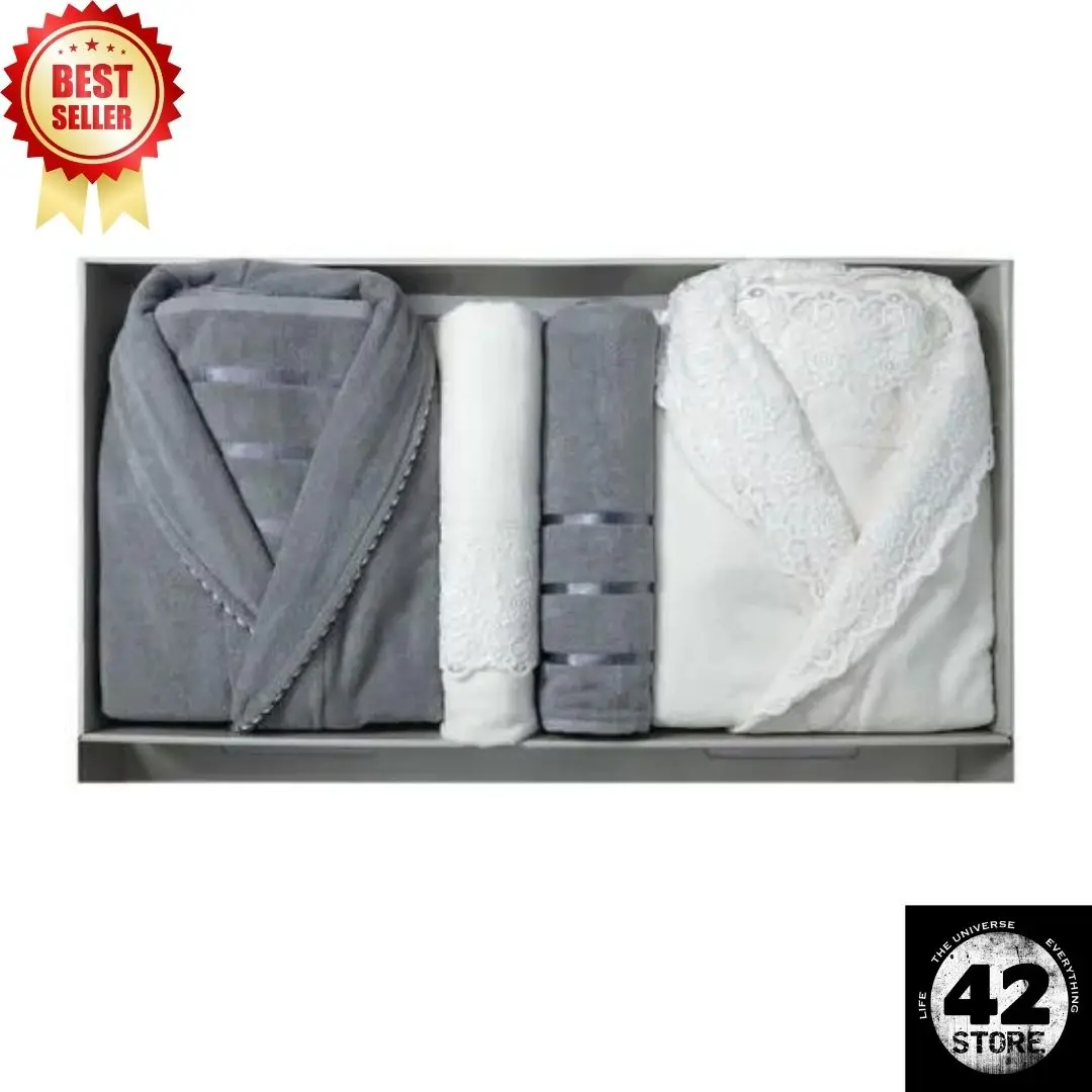 Soft Turkish Cotton 12 Piece Velvet Guipure Towel Bathrobe Set