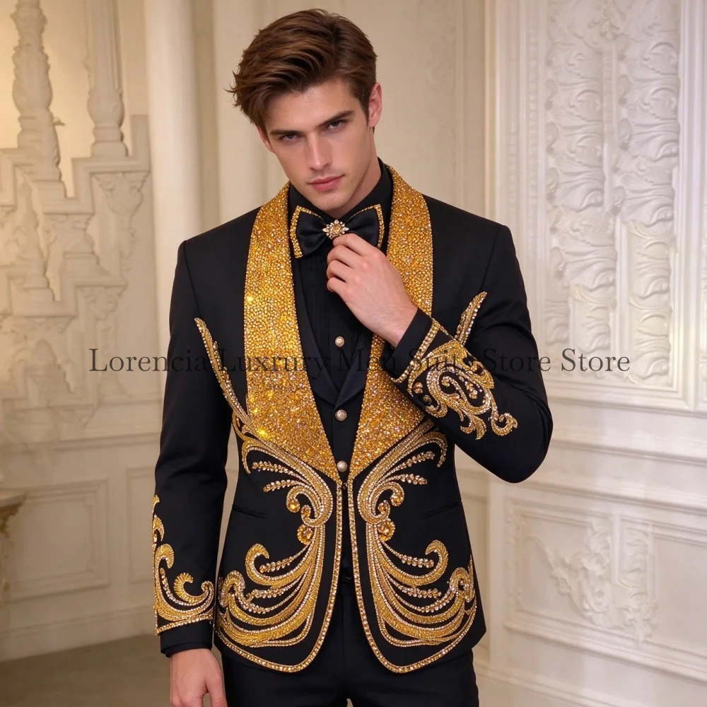 High Quality Men Crystal Design Suits Wedding Tuxedos Resplendent Slim Ropa Hombre 3 Pieces Sets Groom Male Blazers Customized