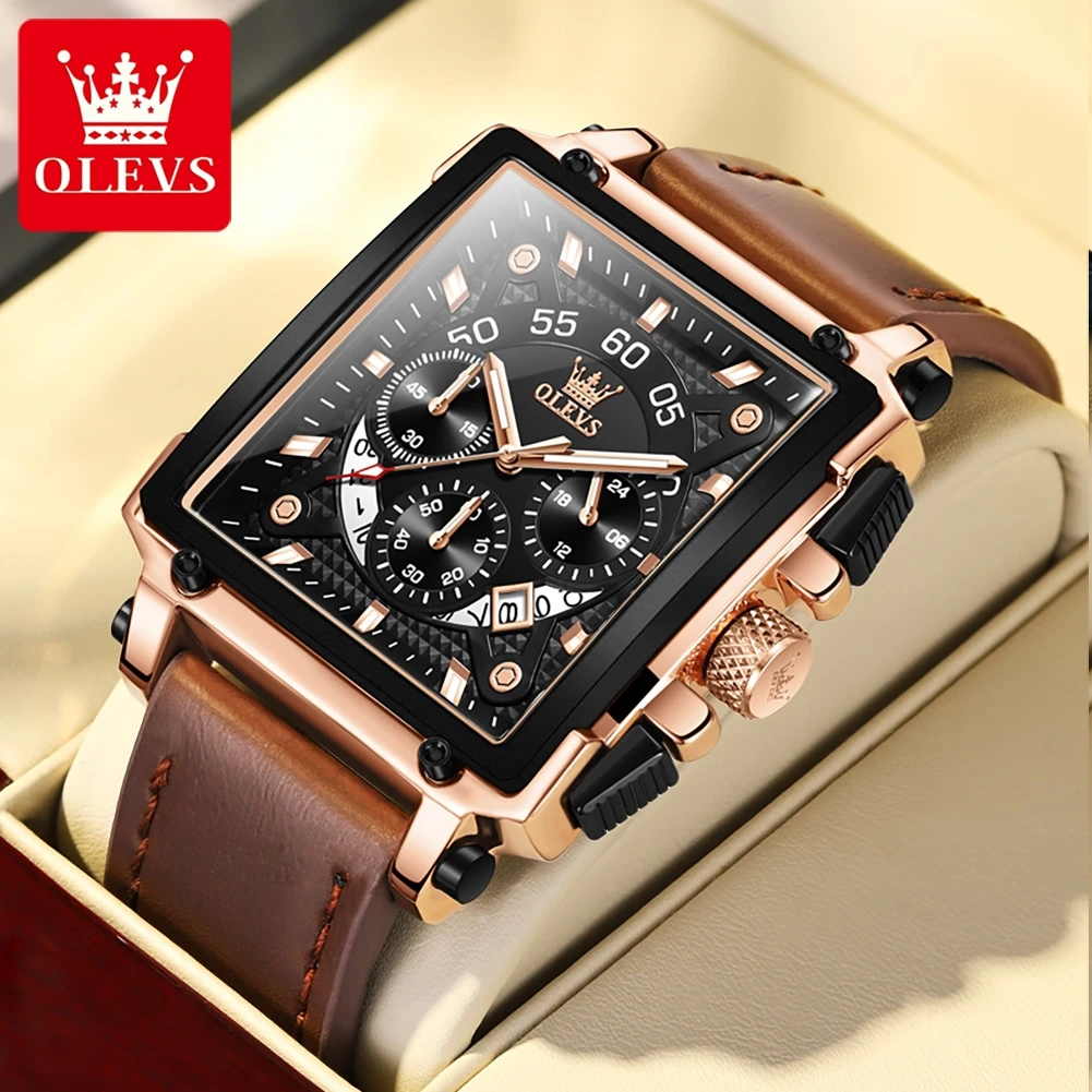 

OLEVS 9919 Waterproof Leather Strap Sport Square Quartz Watch for Men Calendar Timer Luminous Mens Wristwatch Christmas Gift