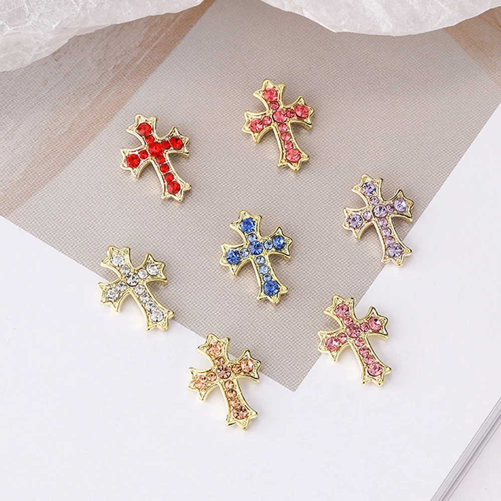 10Pcs Luxury Silver Cross Nail Art Charms 3D Alloy Retro Glitter Diamond Cross Nail Rhinestones DIY Punk Manicure Accessories