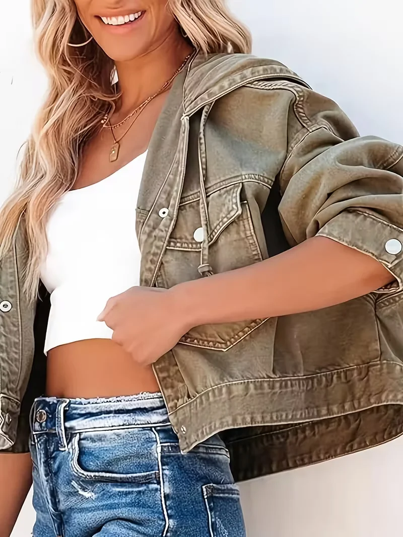 Giacca da donna con cappuccio in denim autunno/inverno - Scollo elegante, maniche lunghe, giacca con chiusura a bottone singolo