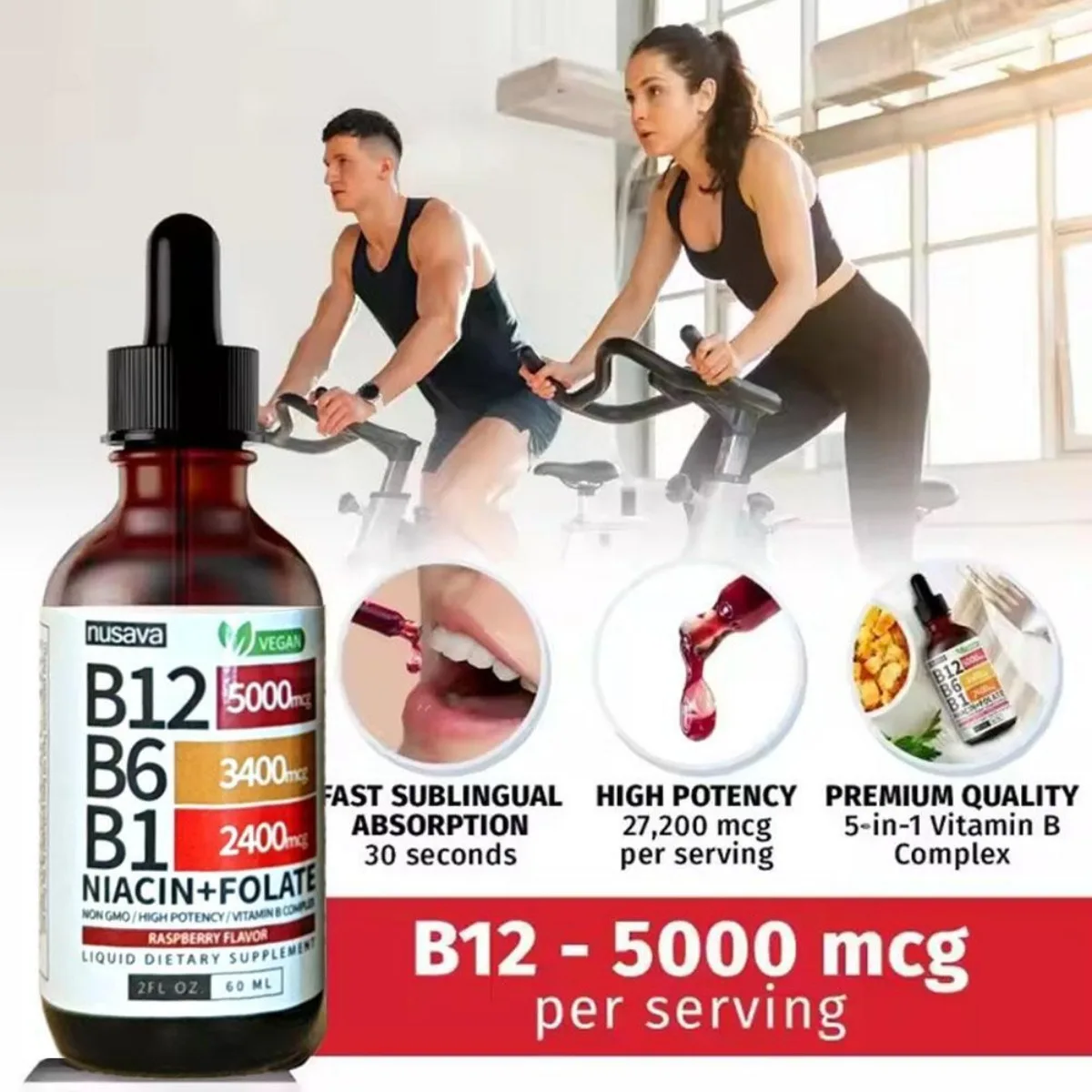 Nusava فيتامين B12، B6 وB1 قطرات سائلة 60 مل، مركب Sublingual B، يحتوي على نيكوتيناميد وحمض الفوليك، يدعم صحة الدماغ والقلب والجلد
