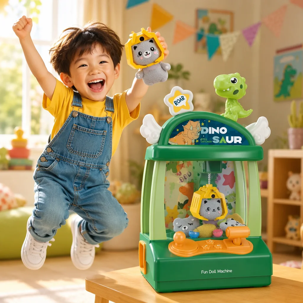 Mini machine à griffes de dinosaure pour enfants avec lumières et musique, jeu d'arcade de capture de poupées, comprend 6 balles et 4 jouets en peluche, jouet éducatif interactif, cadeau d'anniversaire pour garçons et filles