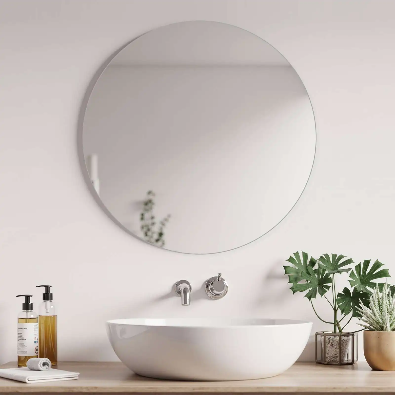 Wandspiegel für das Badezimmer, 70 × 70 cm, aus gehärtetem HD-Glas, beschlagfrei, feuchtigkeitsbeständig, korrosionsbeständig, langlebig, modernes Design, sicher, splitterfrei