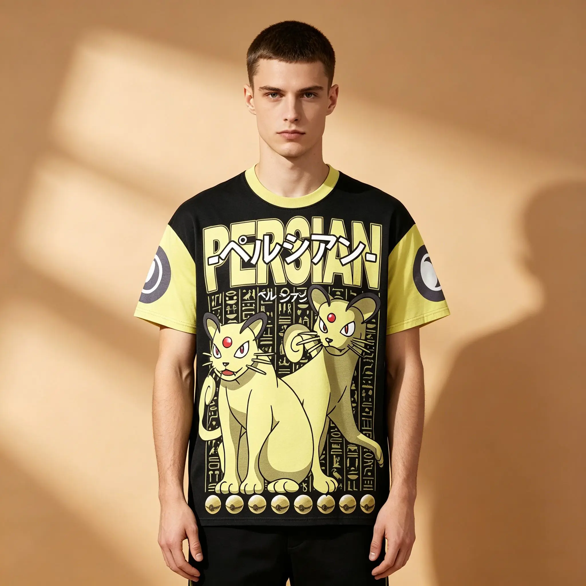 Herren-T-Shirt mit Pokemon-Motiv, persisch-ägyptischen Hieroglyphen, Raglan-T-Shirt, gelb, schwarz, Anime, Otaku, Streetwear, kurzärmelig, lässiges T-Shirt