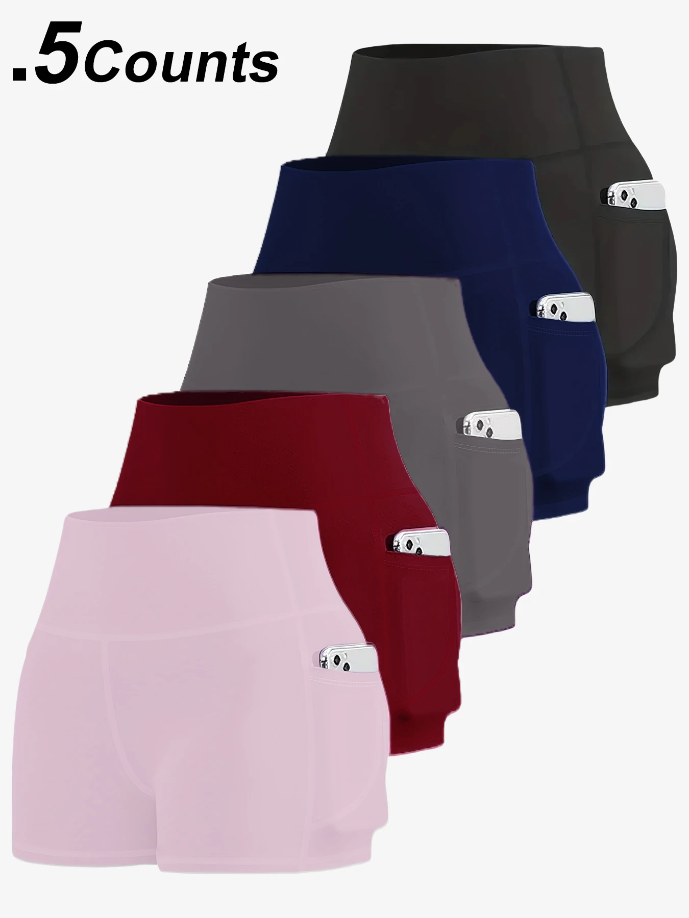

5PCS Women's Back To School High Waist Pocket Sports Shorts, Solid Cycling Shorts with Phone Pockets, Gym Shorts, High Stretch