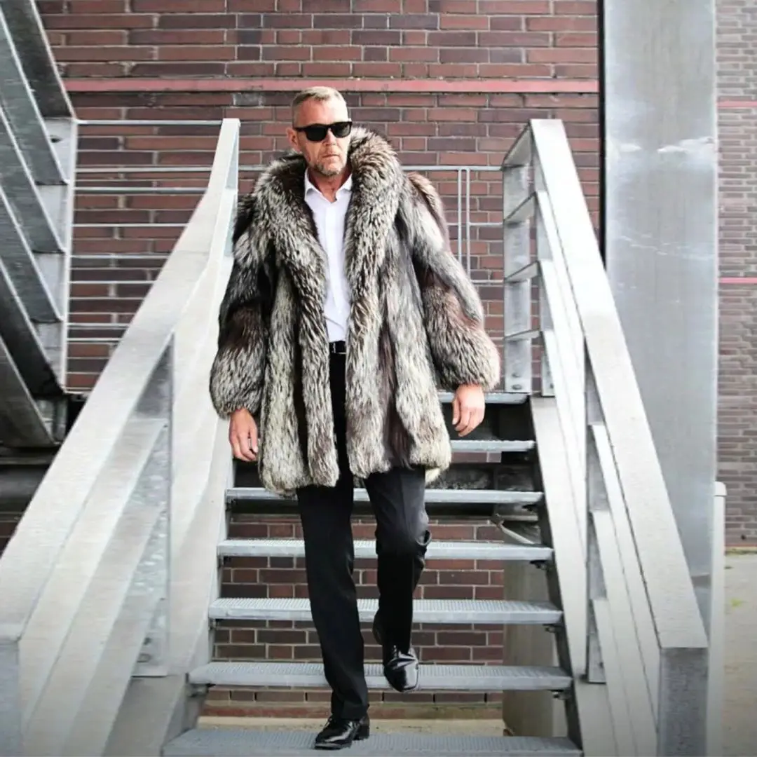 Long Real Silver Fox Fur Coat with Lapel Collar High Quality Wholeskin Genuine Silver Fox Fur Jacket Full Pelt Fur Overcoat Man