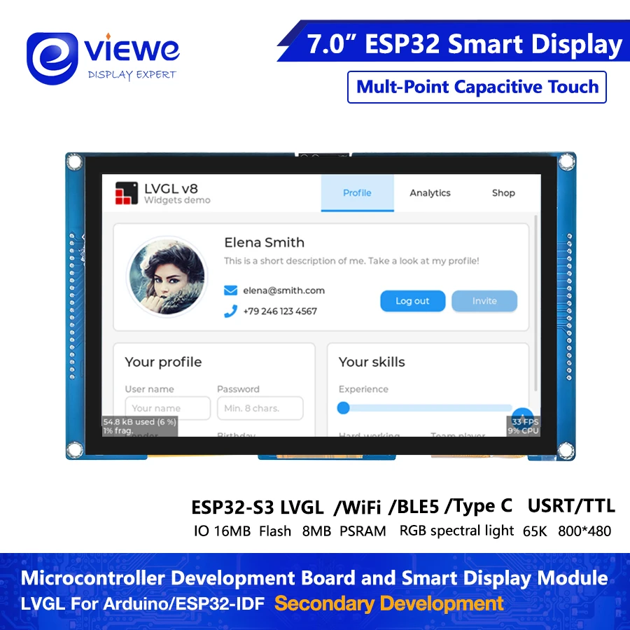 정전식 터치 스크린 ESP32-S3 개발 보드 모듈 지지대, 와이파이, 블루투스 듀얼 코어, 아두이노용, 직렬 포트 포함, 7 인치