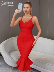 Adyce Women Summer Pink Bandage Dress 2024 Spaghetti Strap Mermaid V-Neck Midi Clubwears Celebrity Evening Party Dress Vestidos