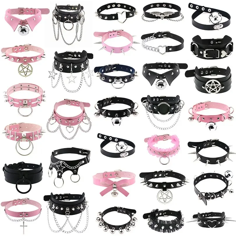 1Pc Harajuku Gothic Spike Rivet Star Necklaces Collares Hip Hop Rock Black Bowknot PU Lace Leather Sexy Y2K Girl Choker Biżuteria — 2