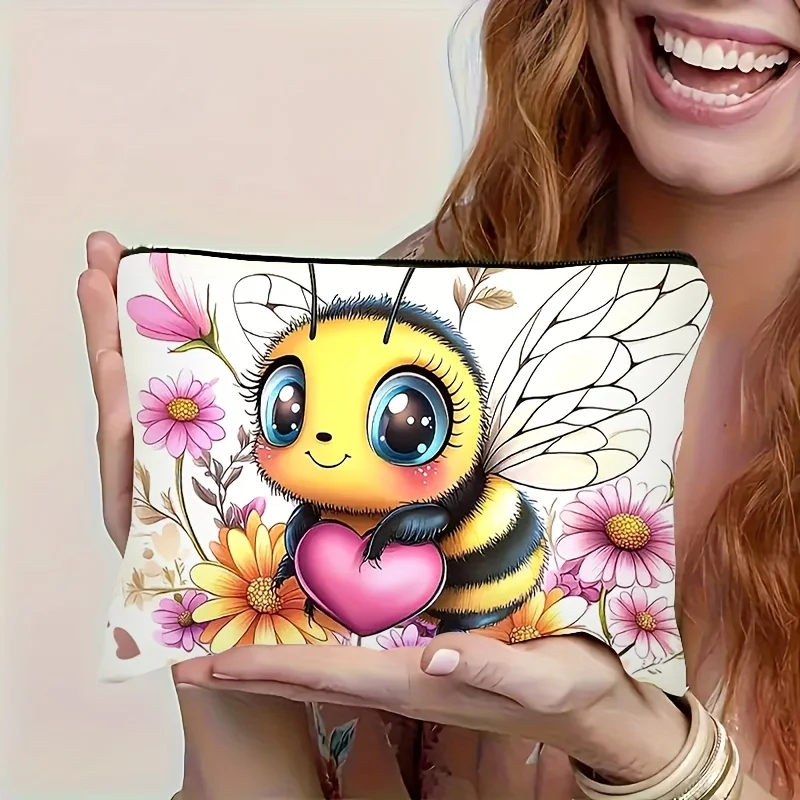 1Pc Cute Heart-Shaped Bee Floral Retro Design Multifunctional Travel Makeup Bag, Snack Storage Bag, Stationery Storage Bag, Fashionable Toiletry Bag, Canvas Double-Sided Printed Zipper Pouch