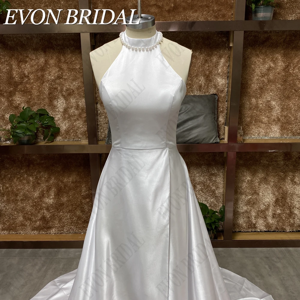 EVON BRIDAL Princess Halter Sleeveless Wedding Dresses High Slit Bride Gowns Bow Backless Stain vestidos novias boda Real Photo