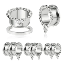 1Pair Stainless Steel Extral Thread Chain Lock Design Ear Tunnel Silver color Ear Gauge Stretcher Plug Piercing Jewelry 8-25mm
