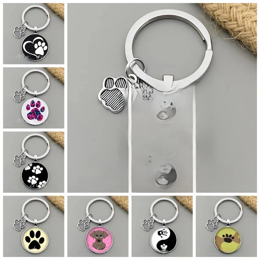 Porte-clés patte de chat et de chien, empreintes mignonnes pour animaux de compagnie, convexe en verre, circulaire, pour sac de voiture, 2024