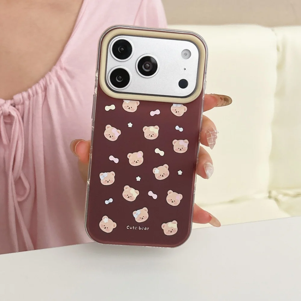 New Korean Ins Cute Bear Print Phone Case Suitable For iPhone 15 16 17 Pro Max 17 16 Pro Kawaii Sweet Anti-Fall Protective Cover