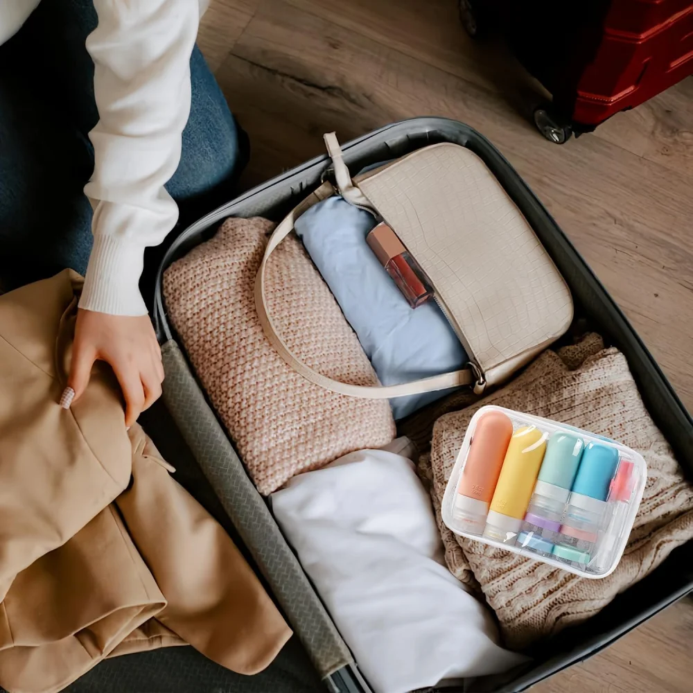 Lot de 16 bouteilles de voyage – récipient à presser en silicone anti-fuite, pour articles de toilette, après-shampooing, shampoing, lotion et lavage du corps ac