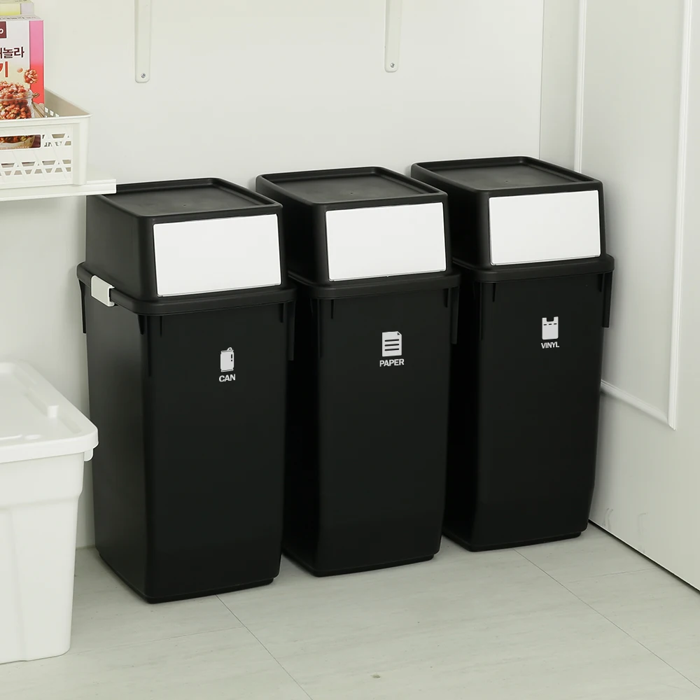 Stackable recycling large storage bins 60L black 1set trash can waste container sorter with lid & holder for  home kitchen and indoor