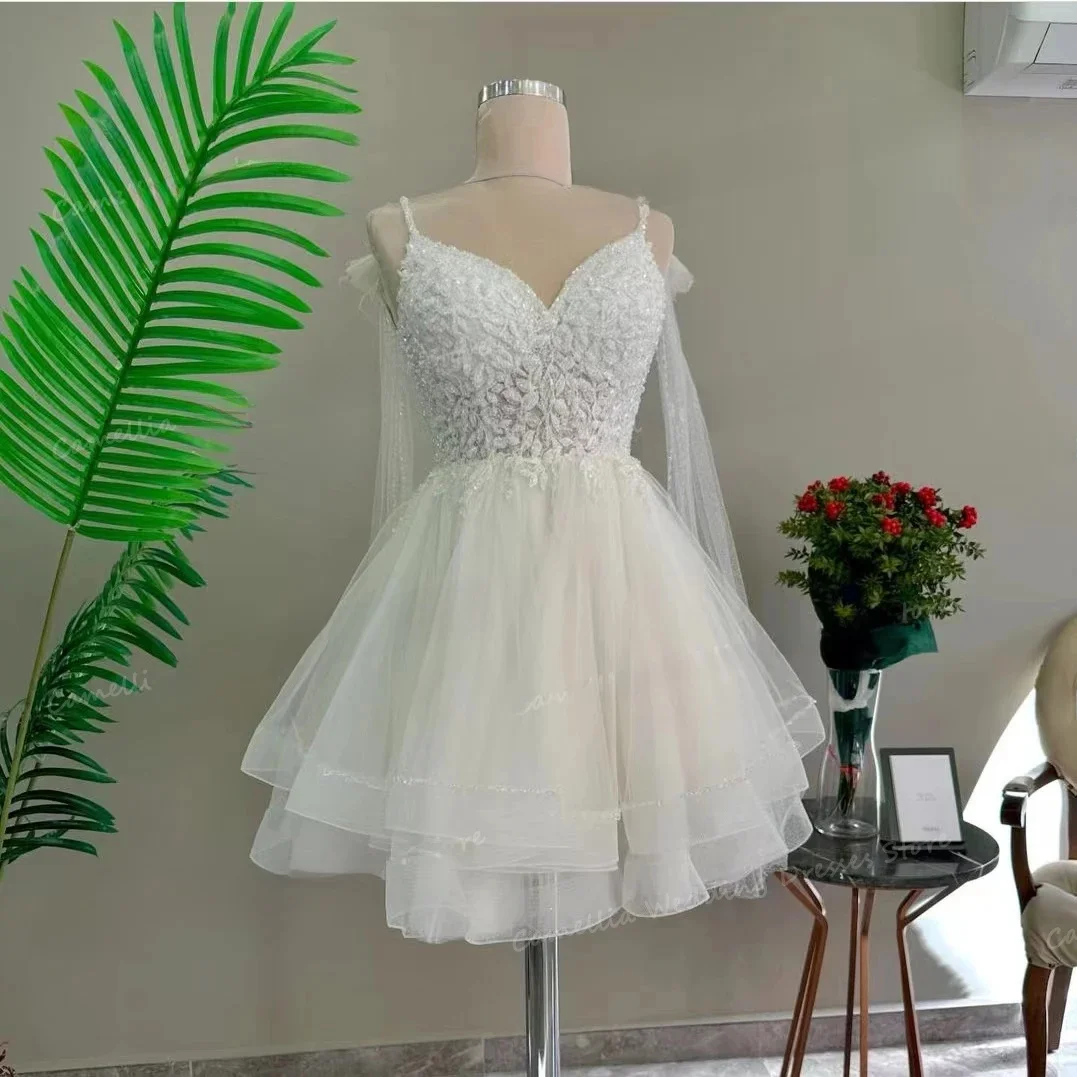 Luksusowe Proste Krótkie Suknie Ślubne Damskie Linia A Sexy Warstwowe Bez Pleców Koronkowe Dekolt w Serek Księżniczka Suknie Ślubne Vestido Szyte na Miarę — zdjęcie 2