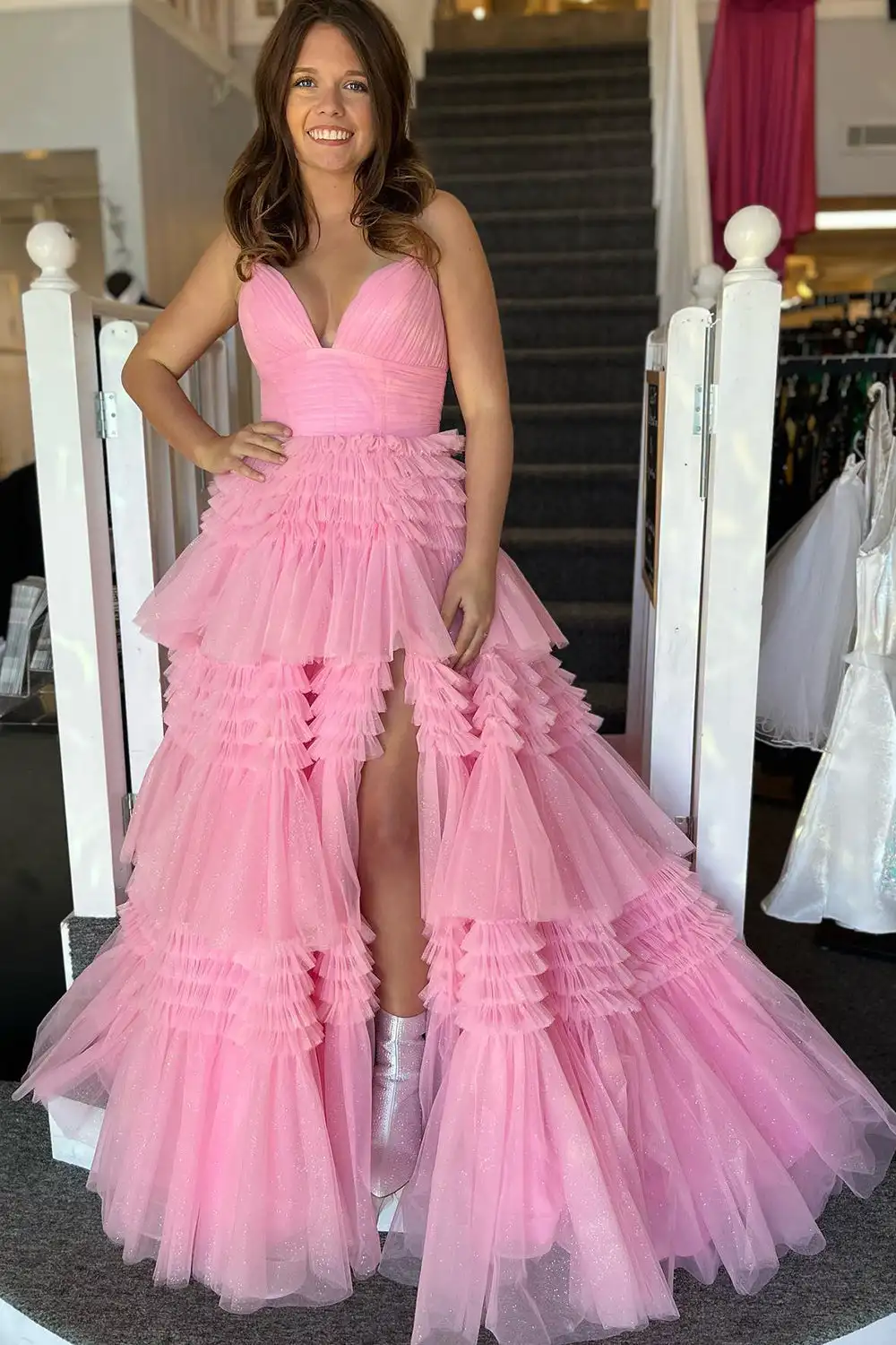 

Glitter Blush Strapless Tulle Long Tiered Prom Dress Slit Sweet 16 Dress Ball Gown Wedding Party Dresses vestidos para mujer